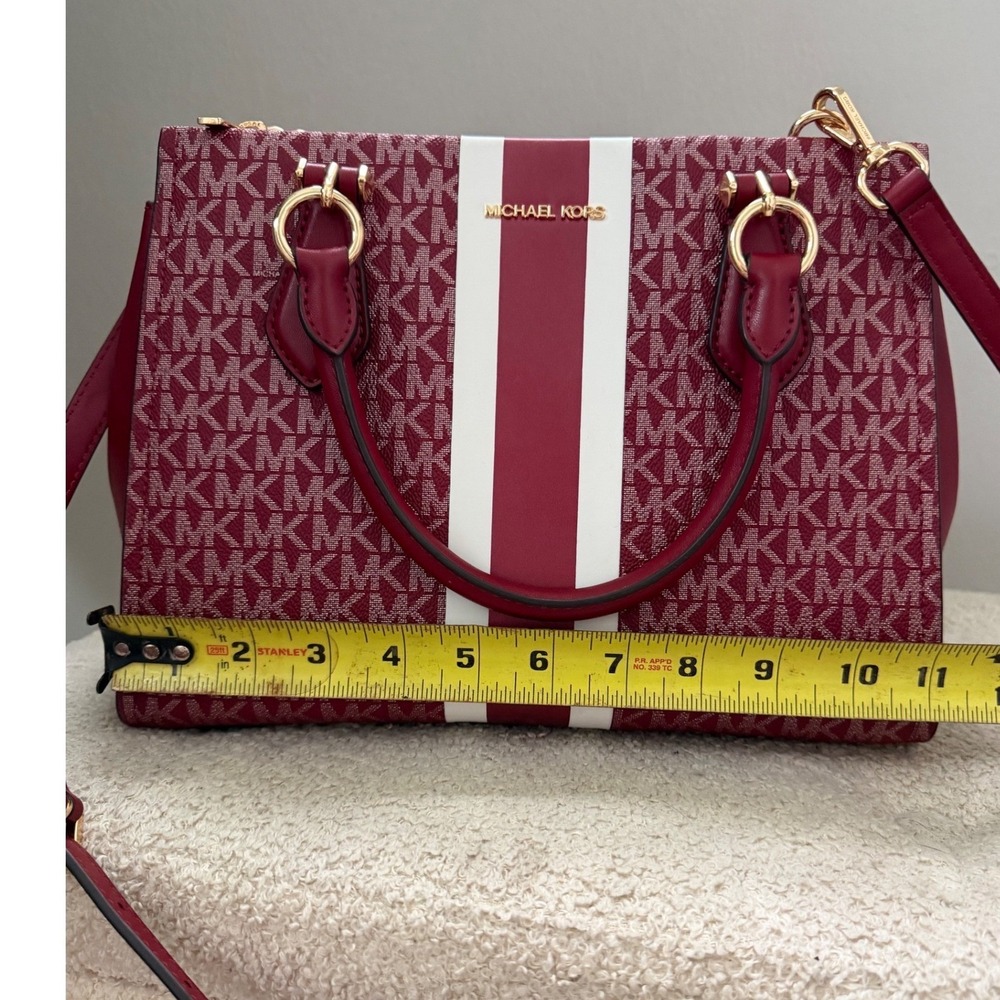 Michael Kors Burgundy Monogram Stripe Satchel Crossbody Bag and Wallet Wristlet - Picture 9 of 16